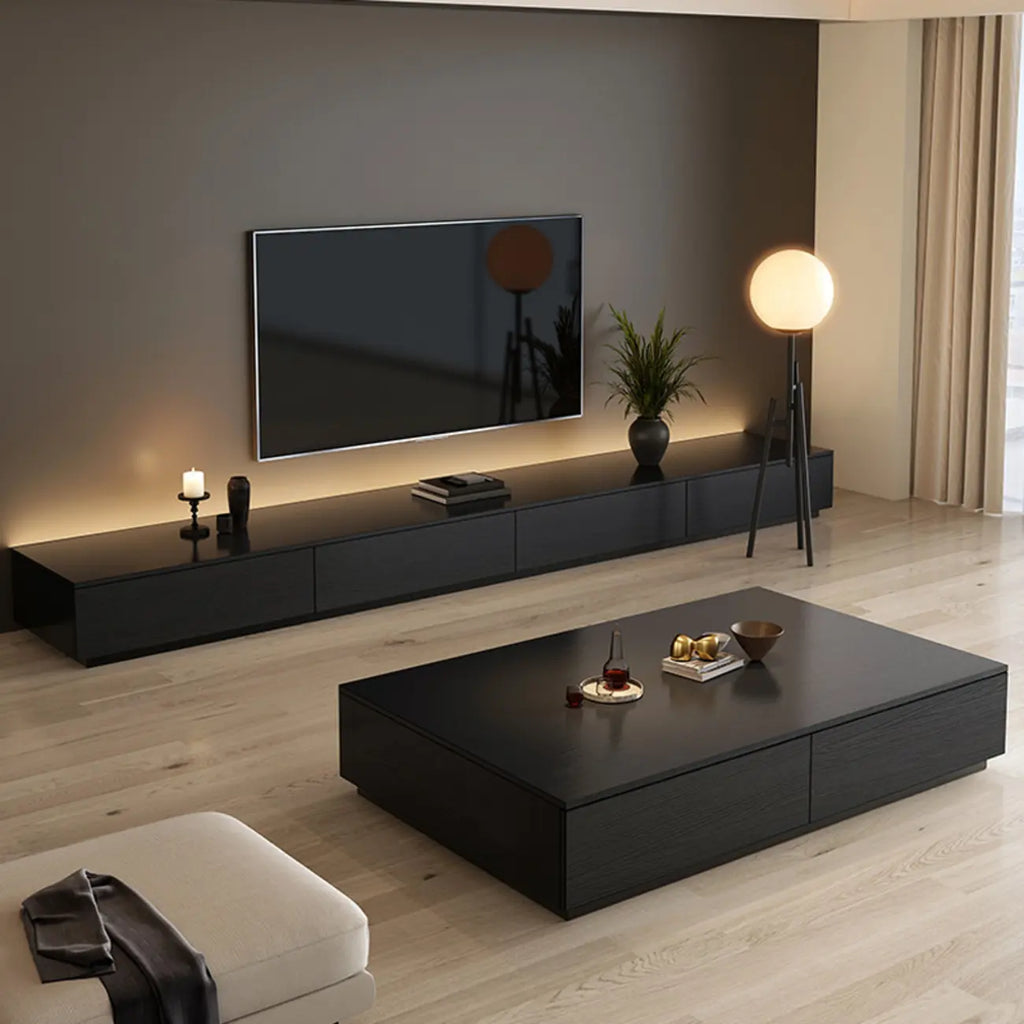 Meuble TV rectangulaire long et minimaliste noir avec 4 tiroirs