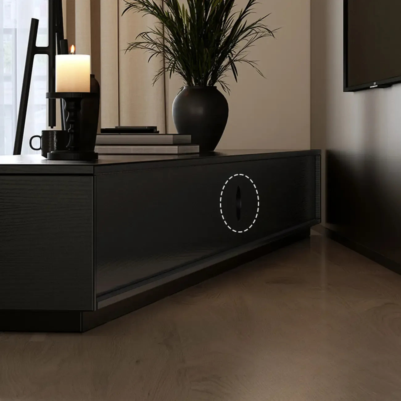 Meuble TV rectangulaire long et minimaliste noir avec 4 tiroirs