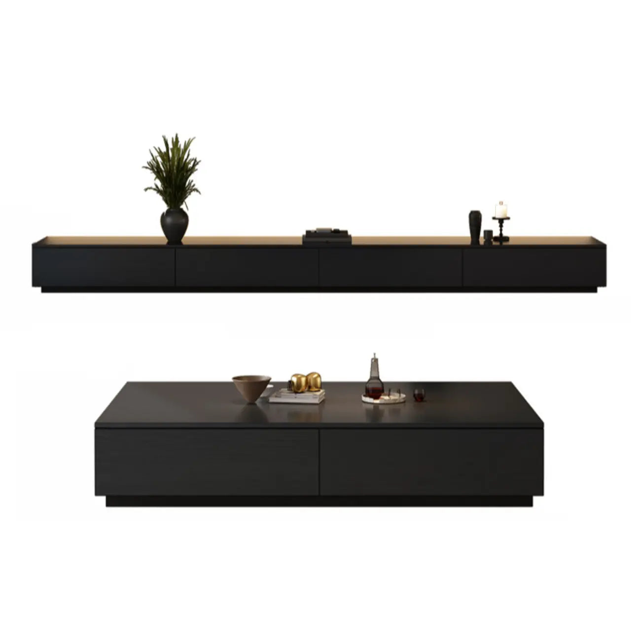 Meuble TV rectangulaire long et minimaliste noir avec 4 tiroirs