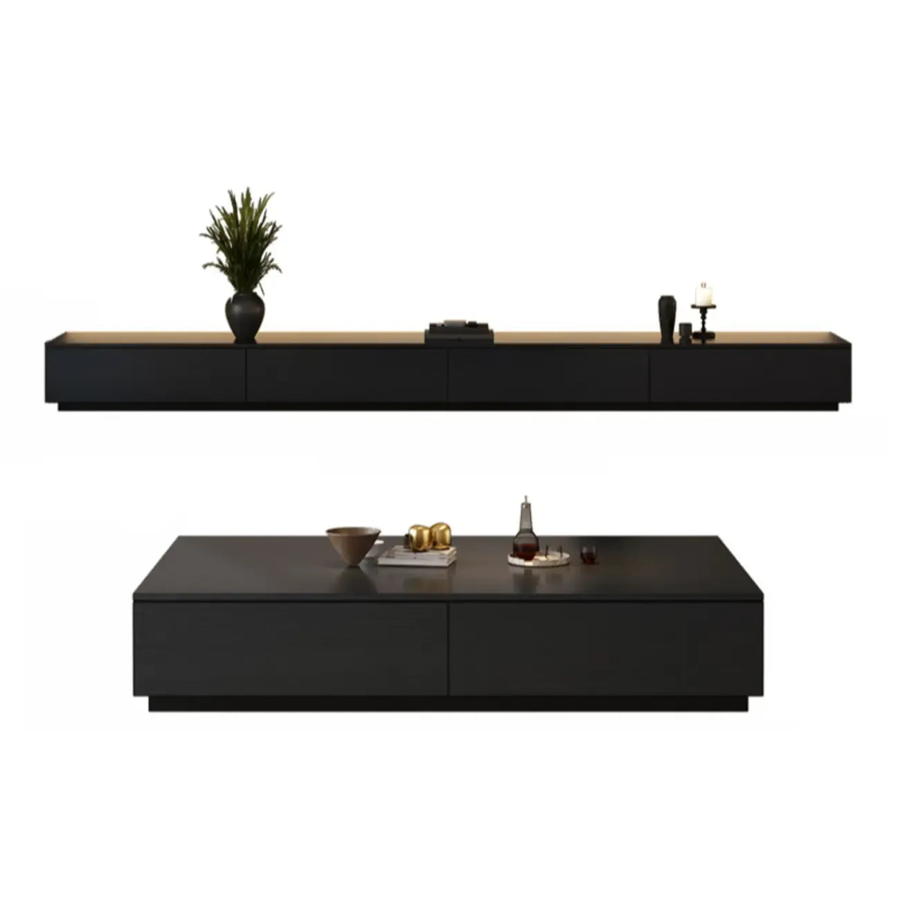 Meuble TV rectangulaire long et minimaliste noir avec 4 tiroirs