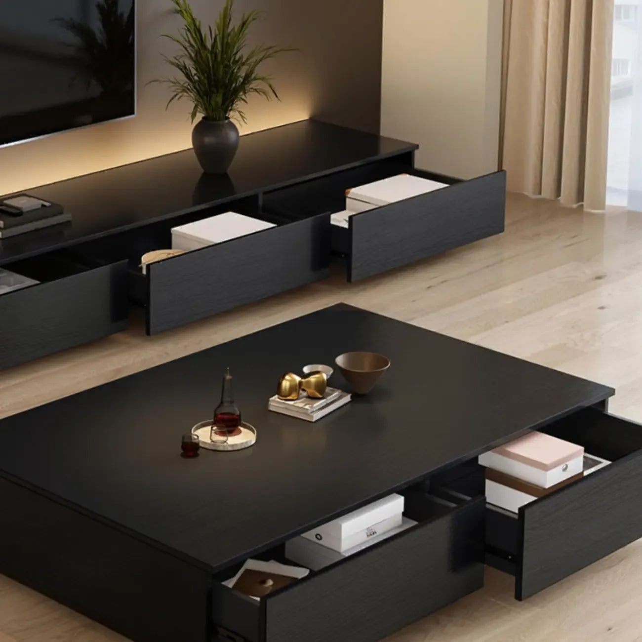 Meuble TV rectangulaire long et minimaliste noir avec 4 tiroirs