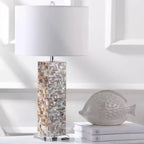 Lampe de table LED élégante à pied en coquillage et abat-jour en lin