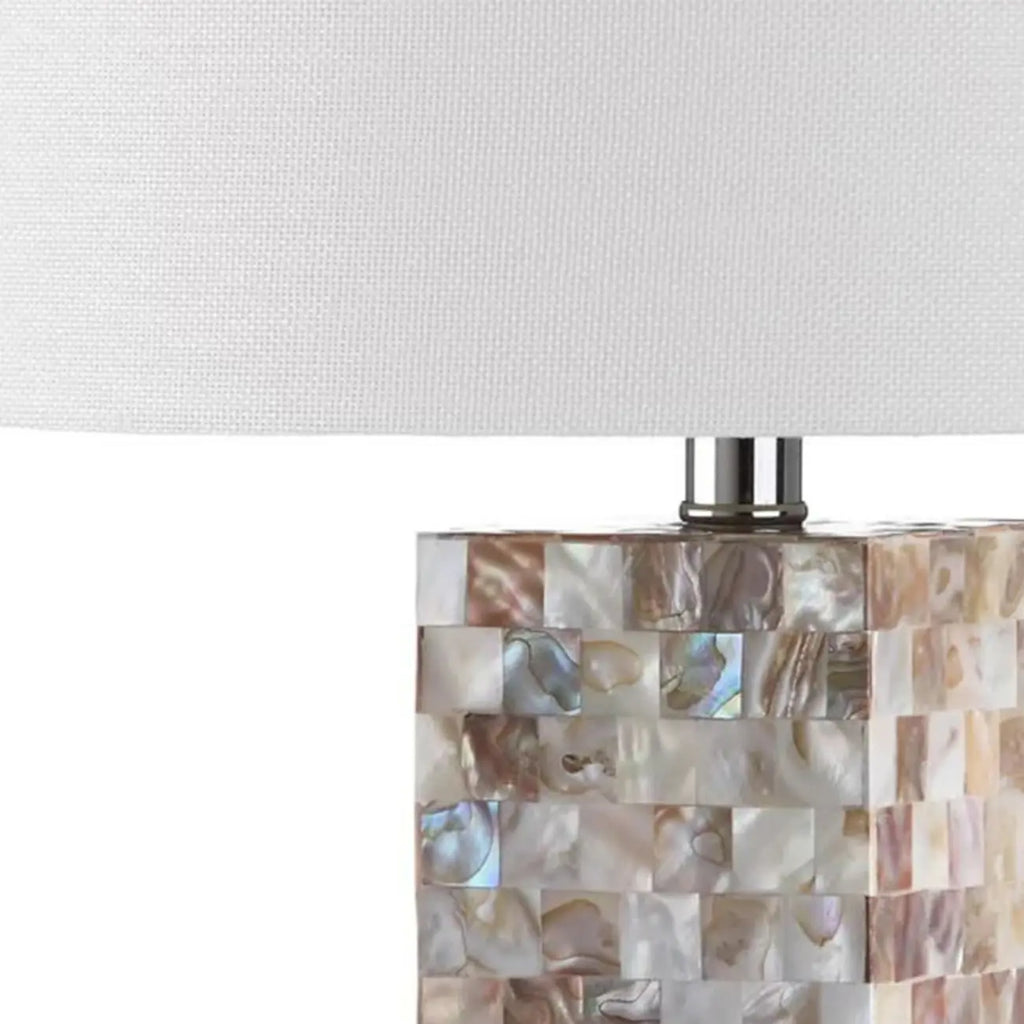 Lampe de table LED élégante à pied en coquillage et abat-jour en lin