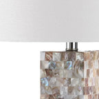 Lampe de table LED élégante à pied en coquillage et abat-jour en lin