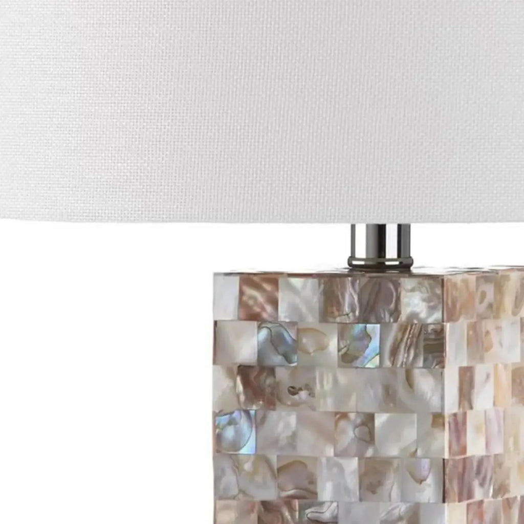 Lampe de table LED élégante à pied en coquillage et abat-jour en lin