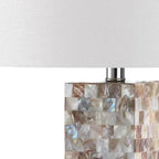 Lampe de table LED élégante à pied en coquillage et abat-jour en lin