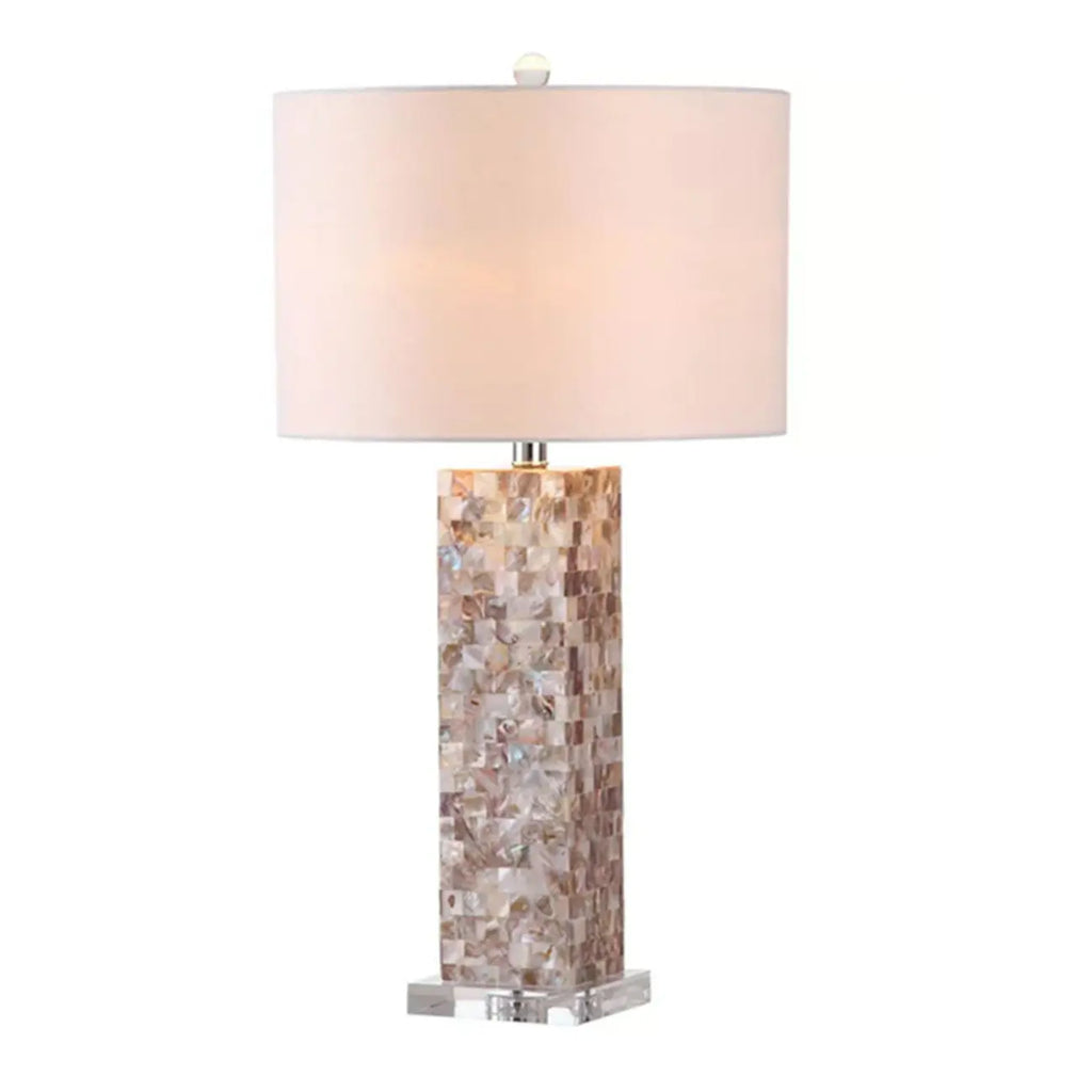 Lampe de table LED élégante à pied en coquillage et abat-jour en lin