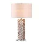 Lampe de table LED élégante à pied en coquillage et abat-jour en lin