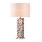 Lampe de table LED élégante à pied en coquillage et abat-jour en lin