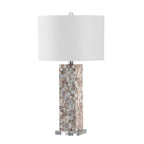Lampe de table LED élégante à pied en coquillage et abat-jour en lin