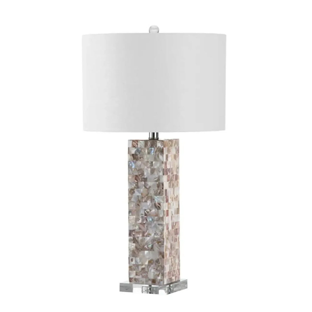 Lampe de table LED élégante à pied en coquillage et abat-jour en lin