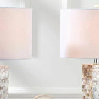 Lampe de table LED élégante à pied en coquillage et abat-jour en lin