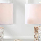 Lampe de table LED élégante à pied en coquillage et abat-jour en lin