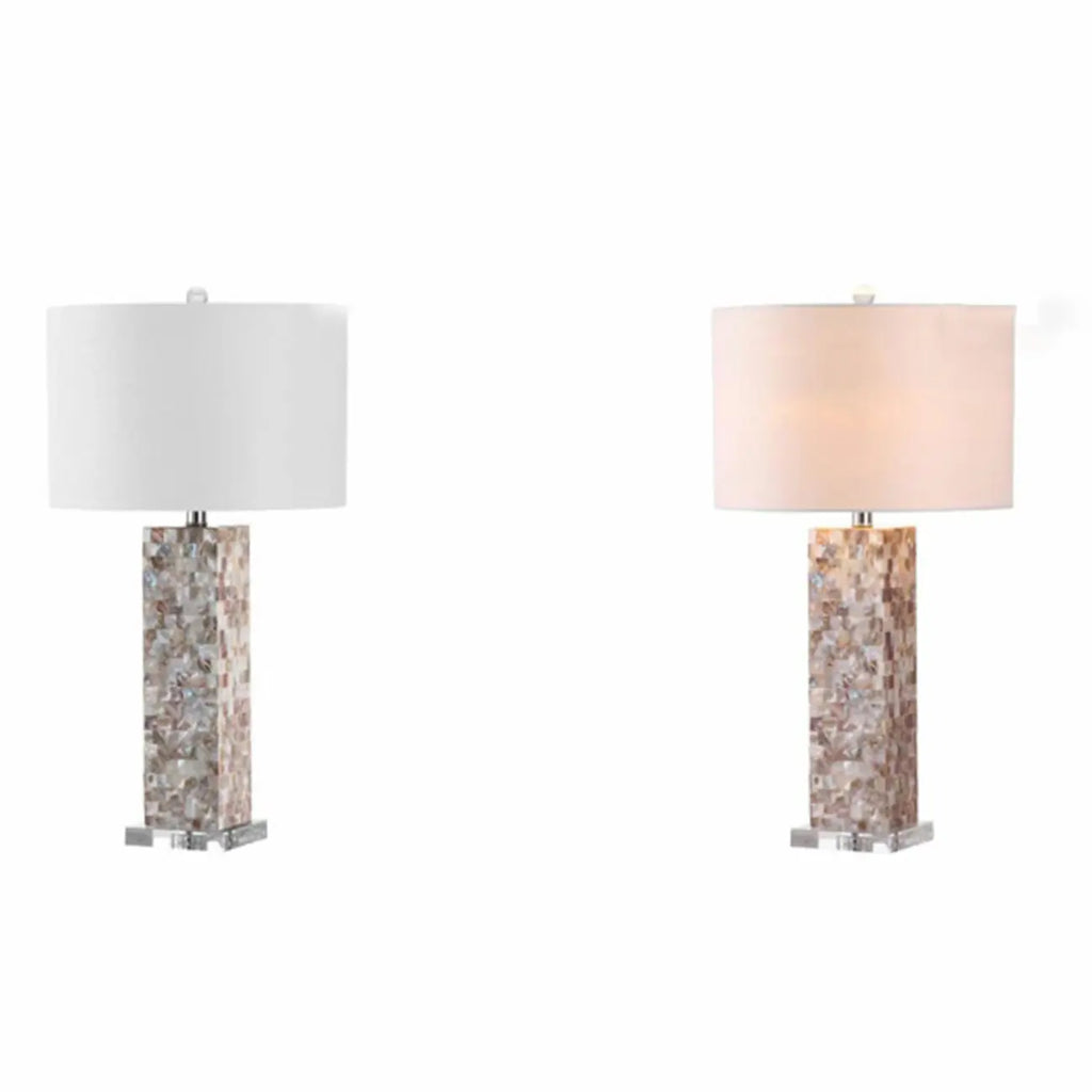 Lampe de table LED élégante à pied en coquillage et abat-jour en lin