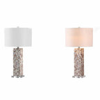 Lampe de table LED élégante à pied en coquillage et abat-jour en lin