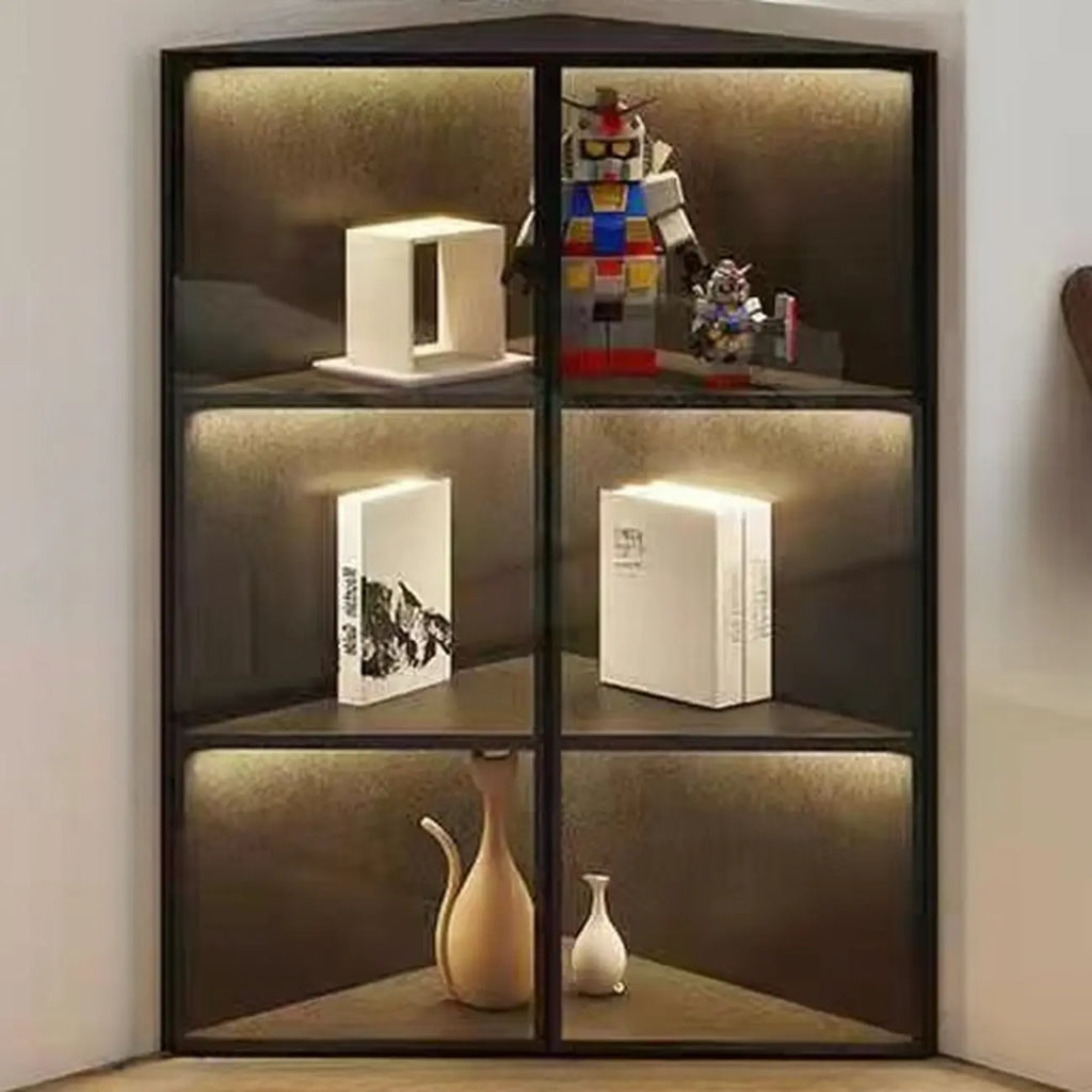 Vitrine d'angle moderne en métal gris et bois avec porte vitrée