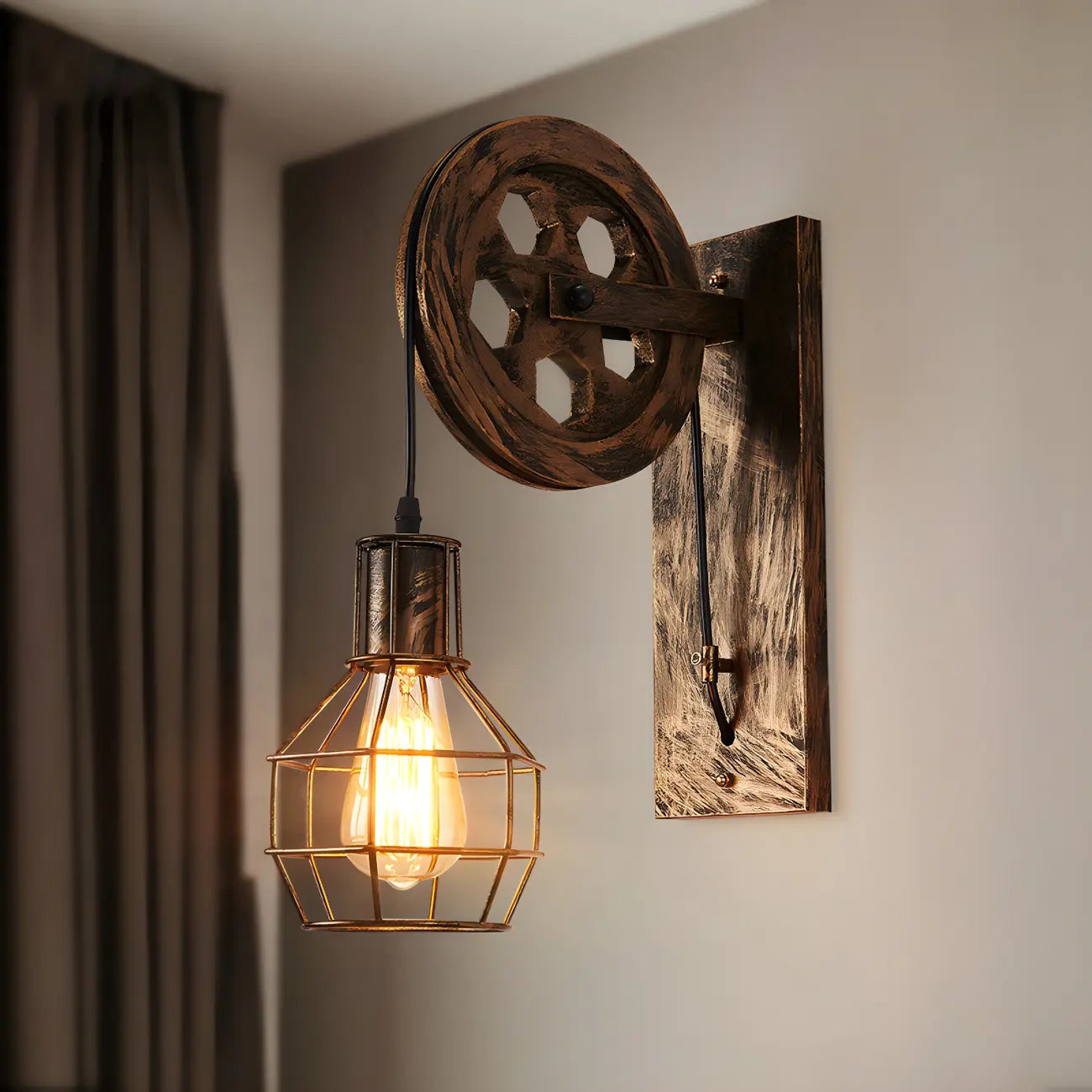 Applique murale industrielle en bronze avec cage, poulie et bras articulé