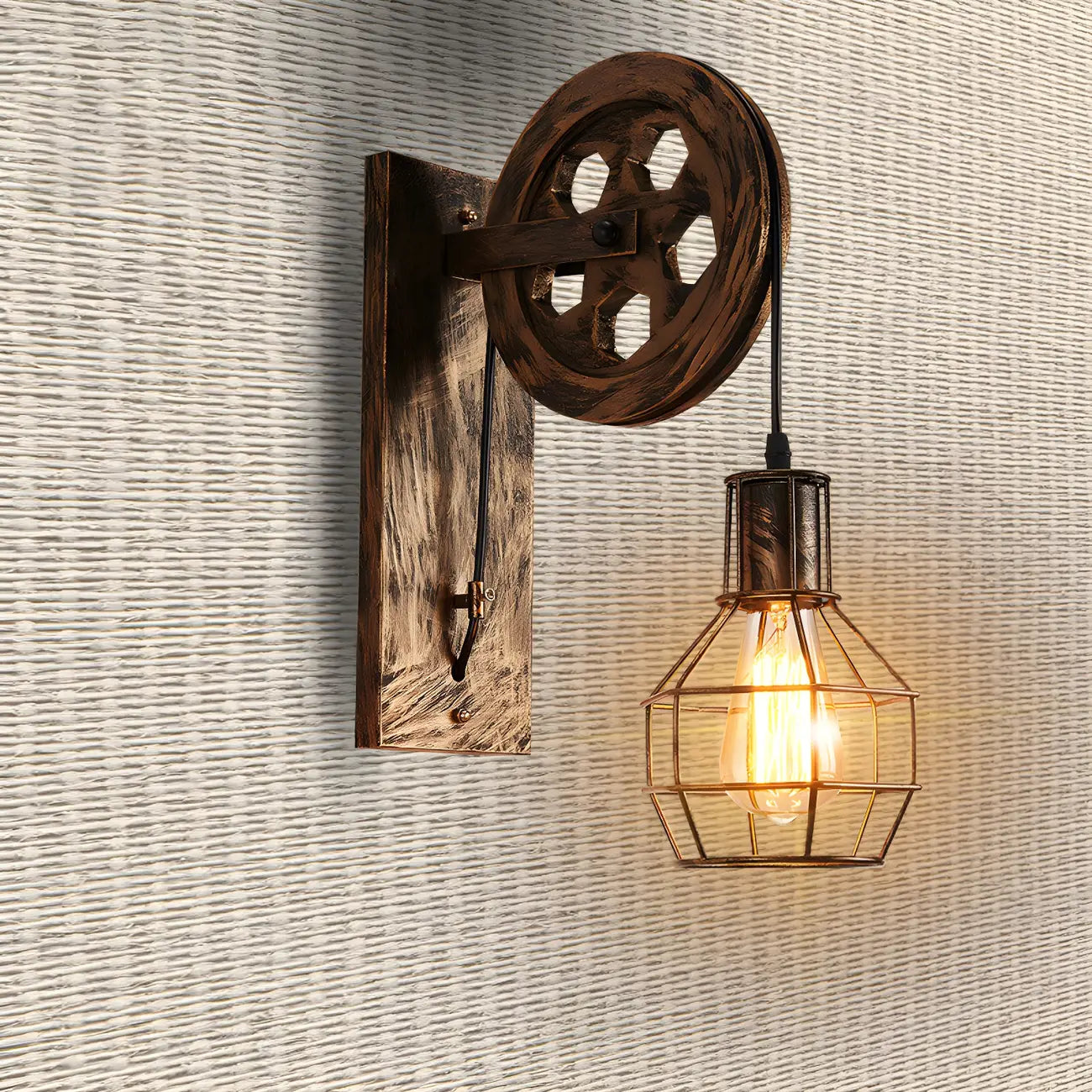 Applique murale industrielle en bronze avec cage, poulie et bras articulé