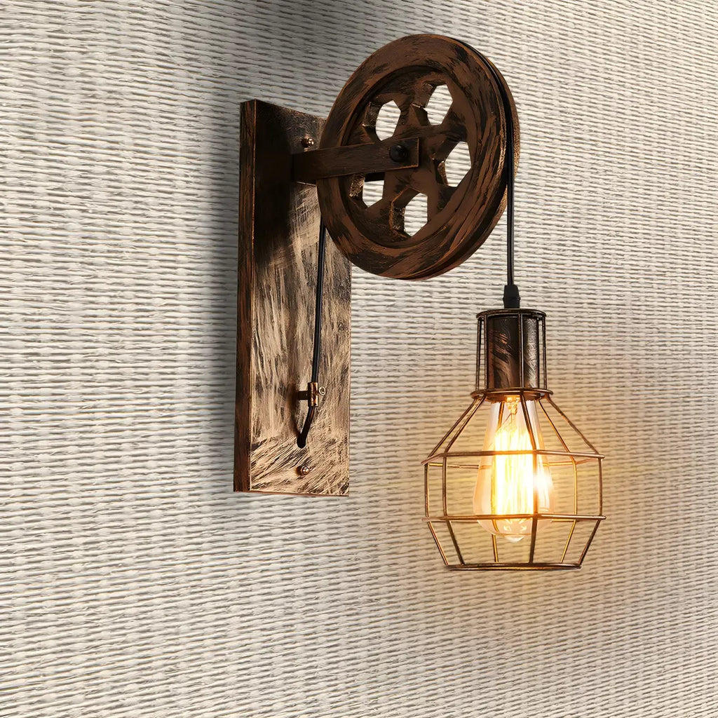 Applique murale industrielle en bronze avec cage, poulie et bras articulé