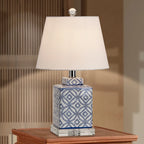Lampe de table traditionnelle en céramique bleue avec abat-jour en tissu