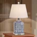 Lampe de table traditionnelle en céramique bleue avec abat-jour en tissu