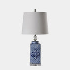 Lampe de table traditionnelle en céramique bleue avec abat-jour en tissu