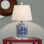 Lampe de table traditionnelle en céramique bleue avec abat-jour en tissu