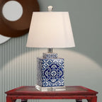 Lampe de table traditionnelle en céramique bleue avec abat-jour en tissu