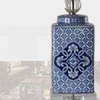 Lampe de table traditionnelle en céramique bleue avec abat-jour en tissu