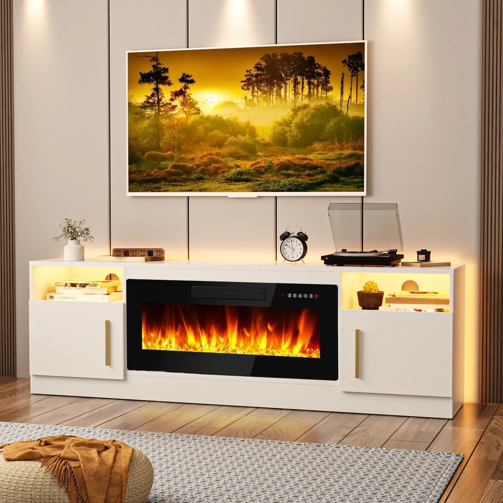 Meuble TV Bossin 70 avec cheminée électrique 36 pouces, compatible avec les téléviseurs jusqu'à 80 pouces, éclairage LED 16 couleurs/centre multimédia