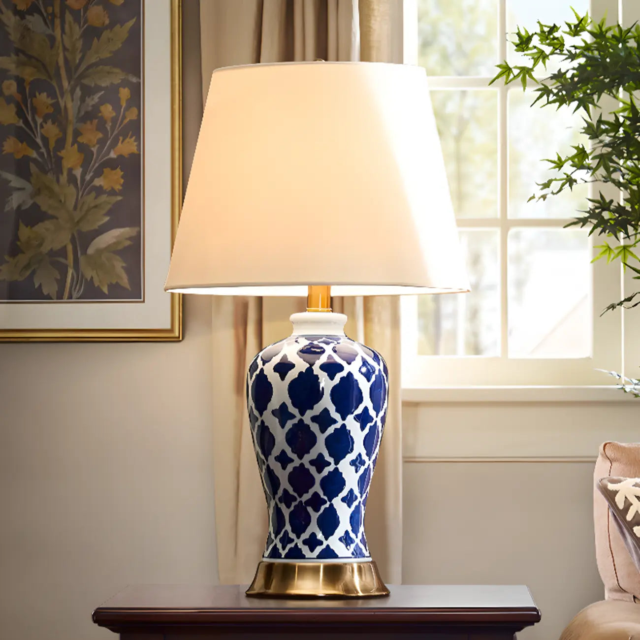 Lampe de table élégante en céramique avec abat-jour en tissu géométrique