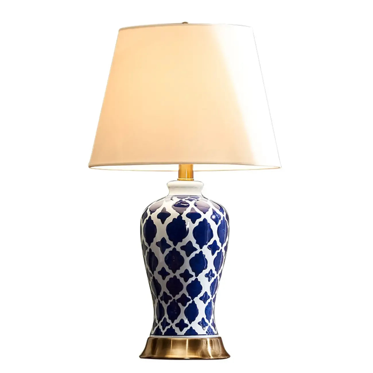 Lampe de table élégante en céramique avec abat-jour en tissu géométrique