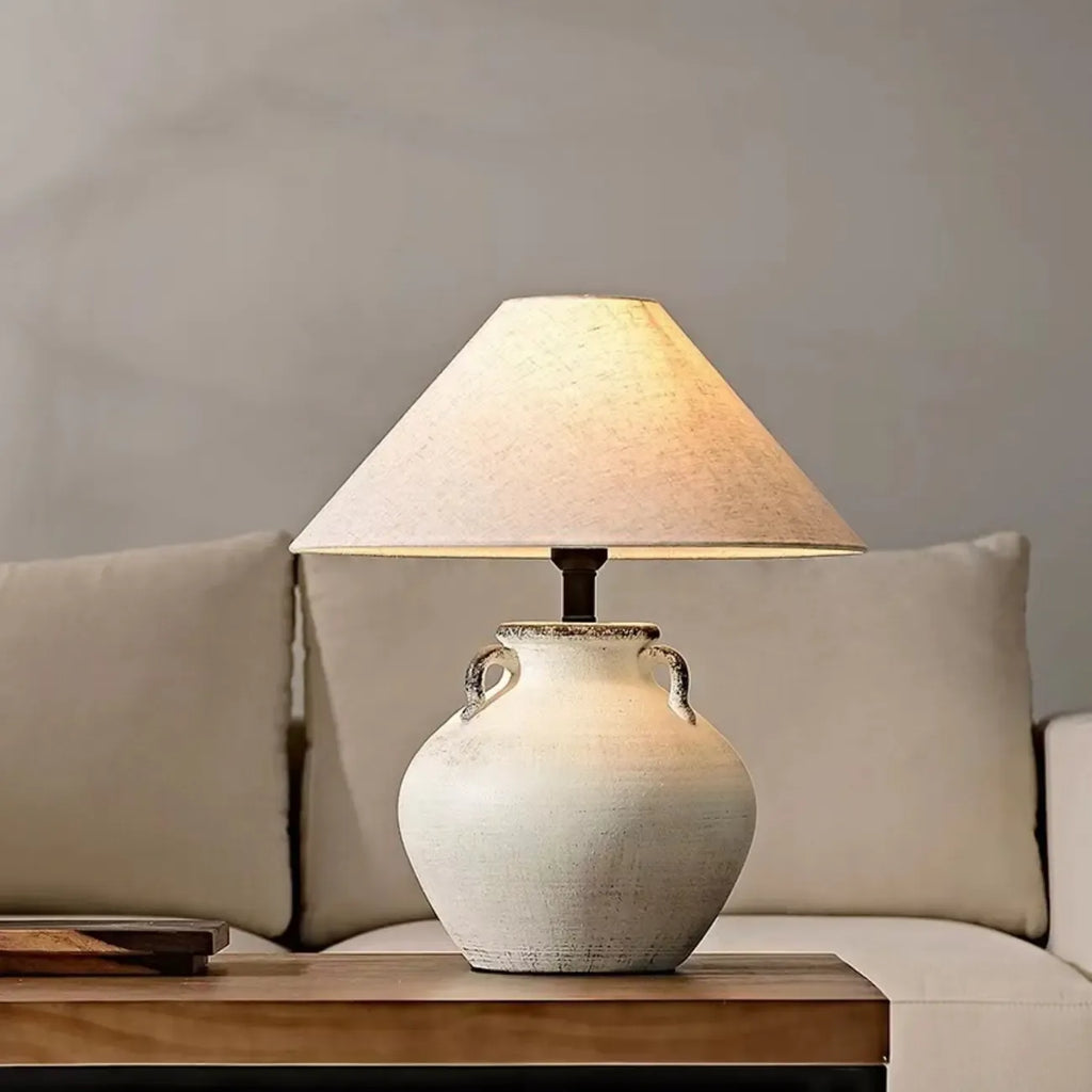 Lampe de table en céramique avec abat-jour conique en tissu, compatible LED