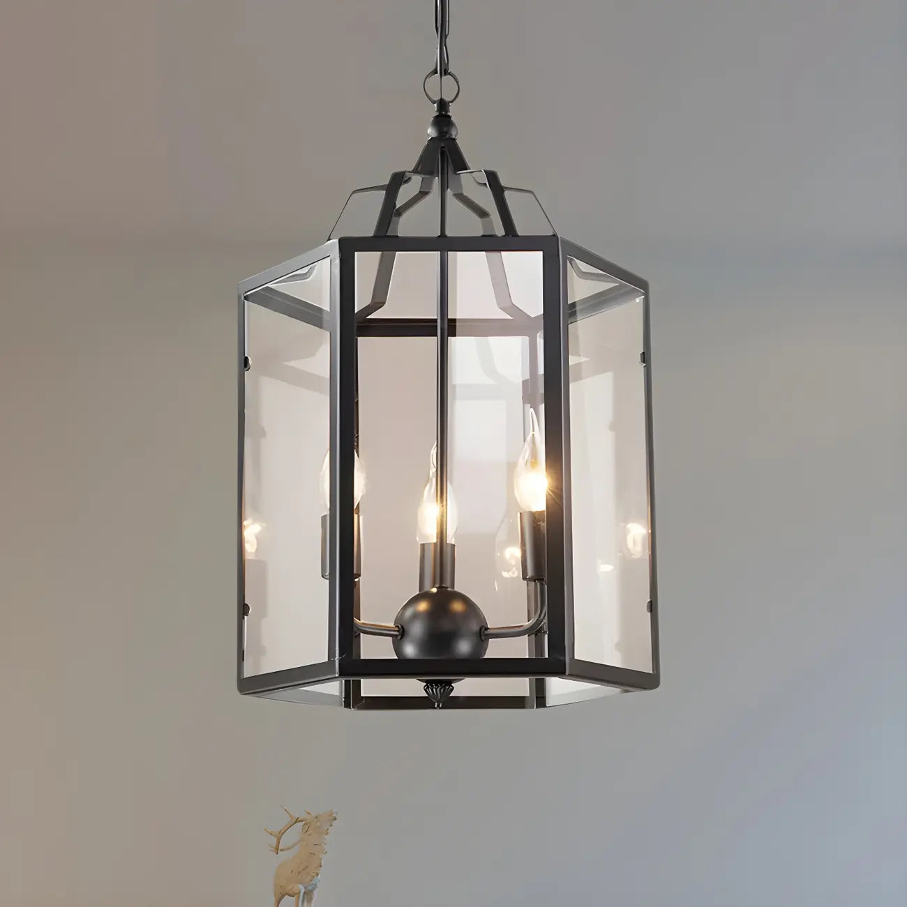 Lustre suspendu vintage en verre transparent à 3 lumières, noir et blanc, avec suspension pour bougies.