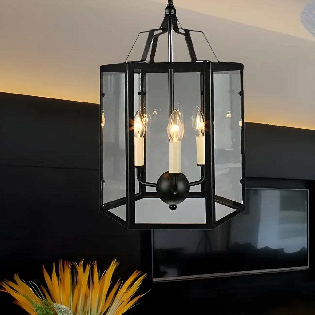 Lustre suspendu vintage en verre transparent à 3 lumières, noir et blanc, avec suspension pour bougies.