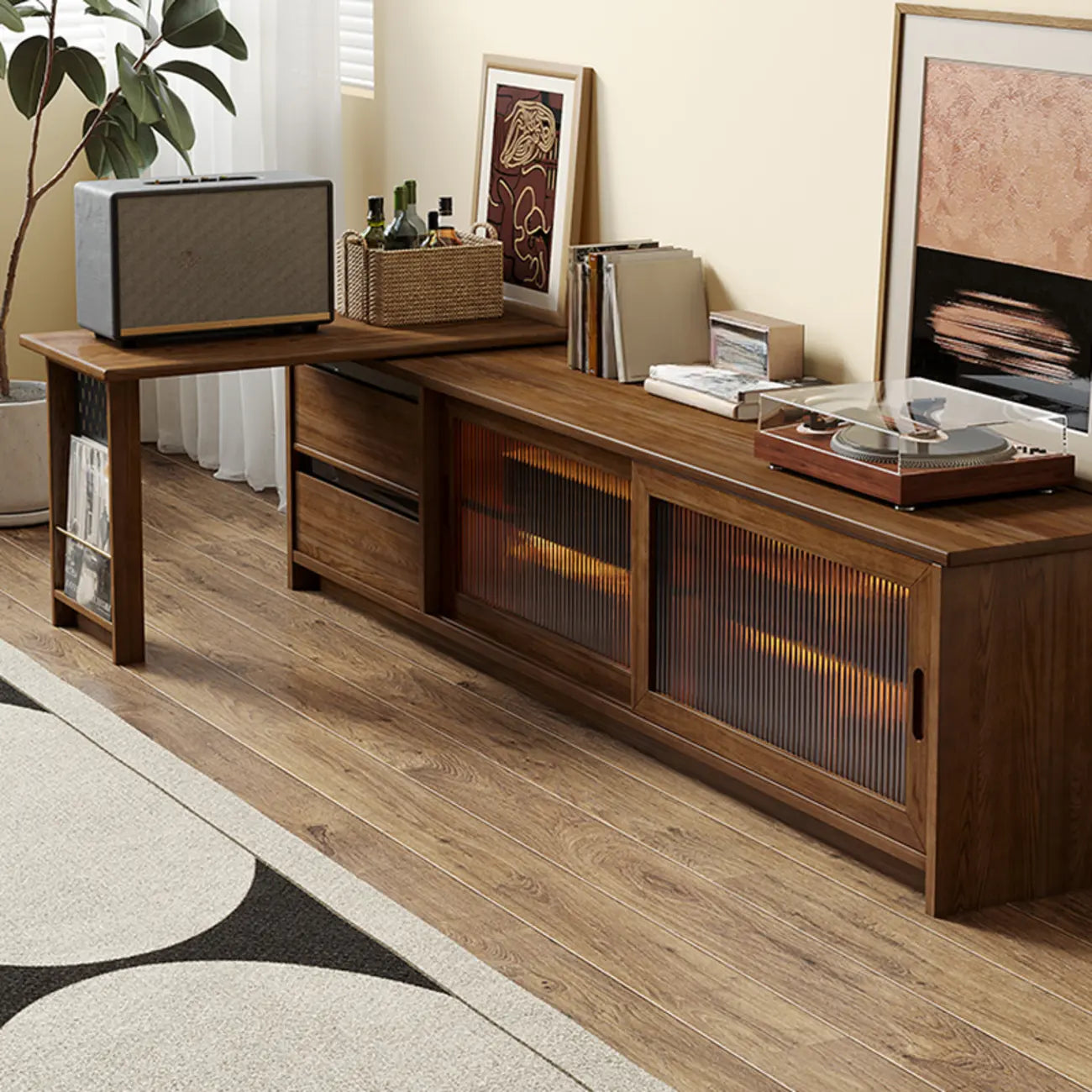 Meuble TV extensible en bois brun avec 2 placards