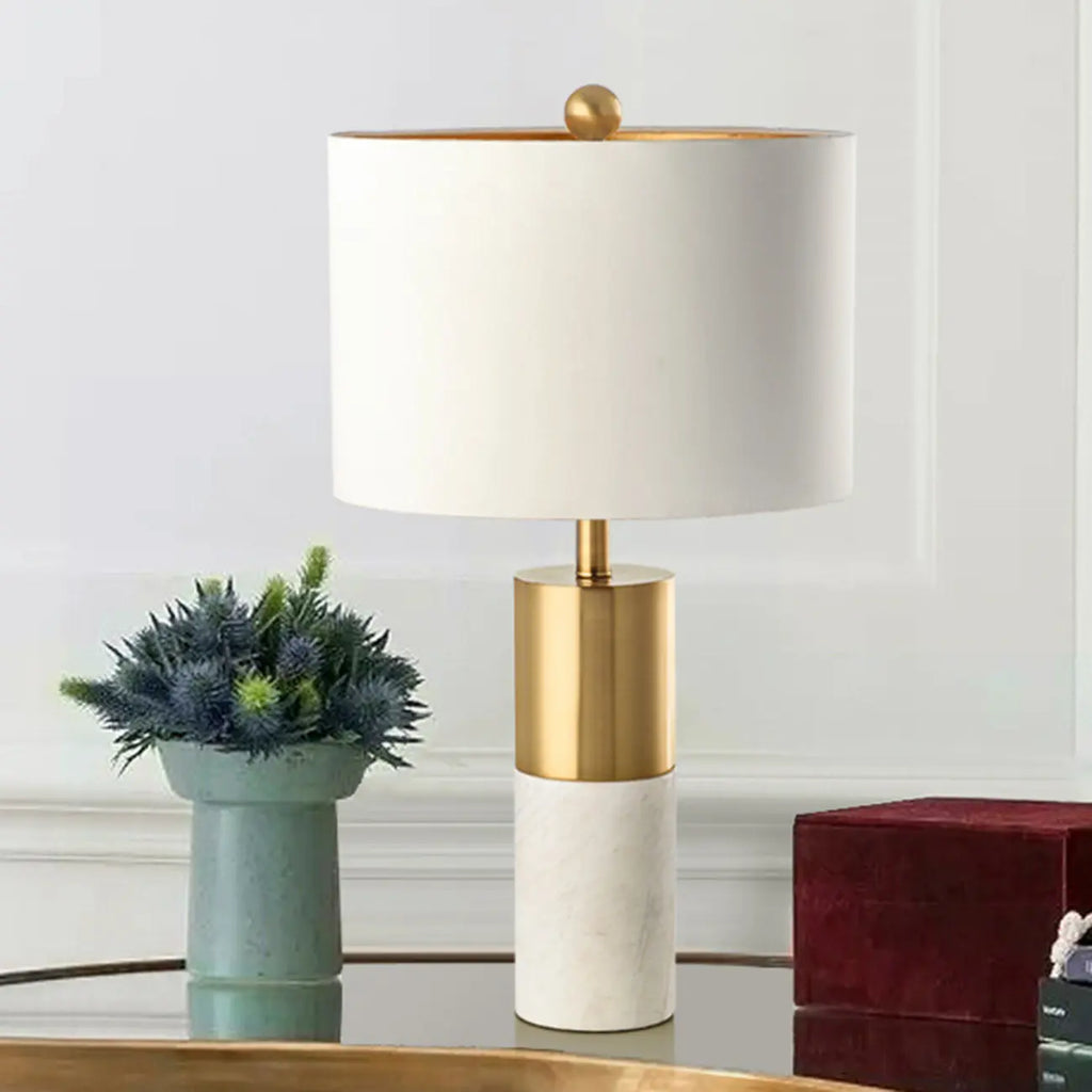 Lampe de table cylindrique moderne en pierre avec abat-jour en tissu