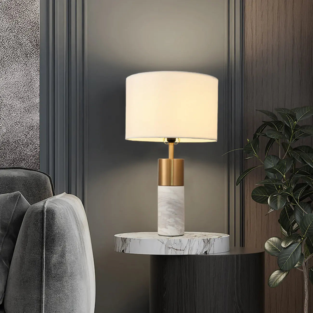 Lampe de table cylindrique moderne en pierre avec abat-jour en tissu