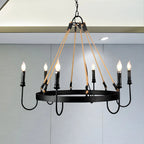 Lustre rond industriel en métal et corde de chanvre pour bougies