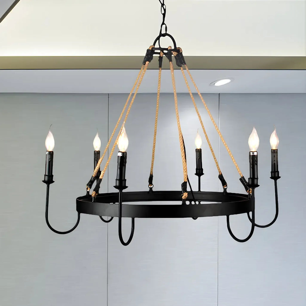 Lustre rond industriel en métal et corde de chanvre pour bougies