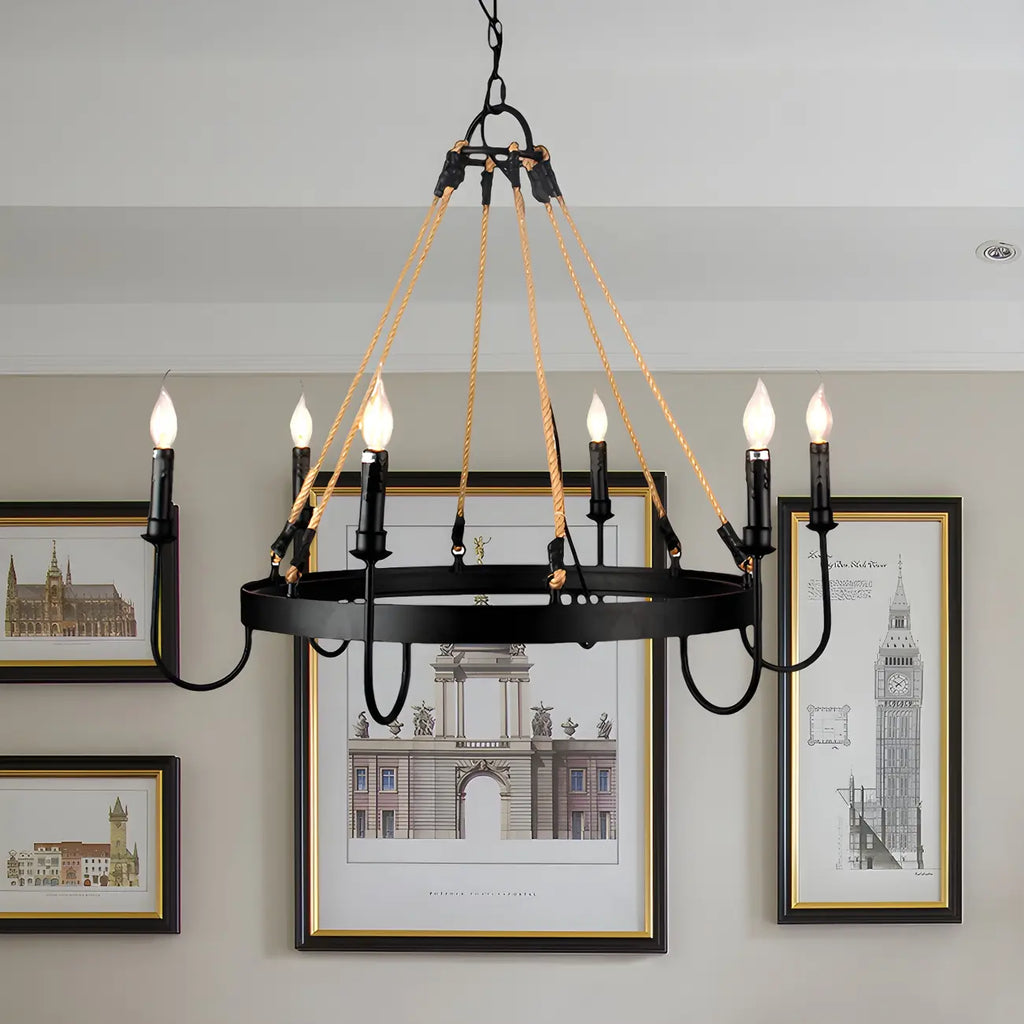 Lustre rond industriel en métal et corde de chanvre pour bougies