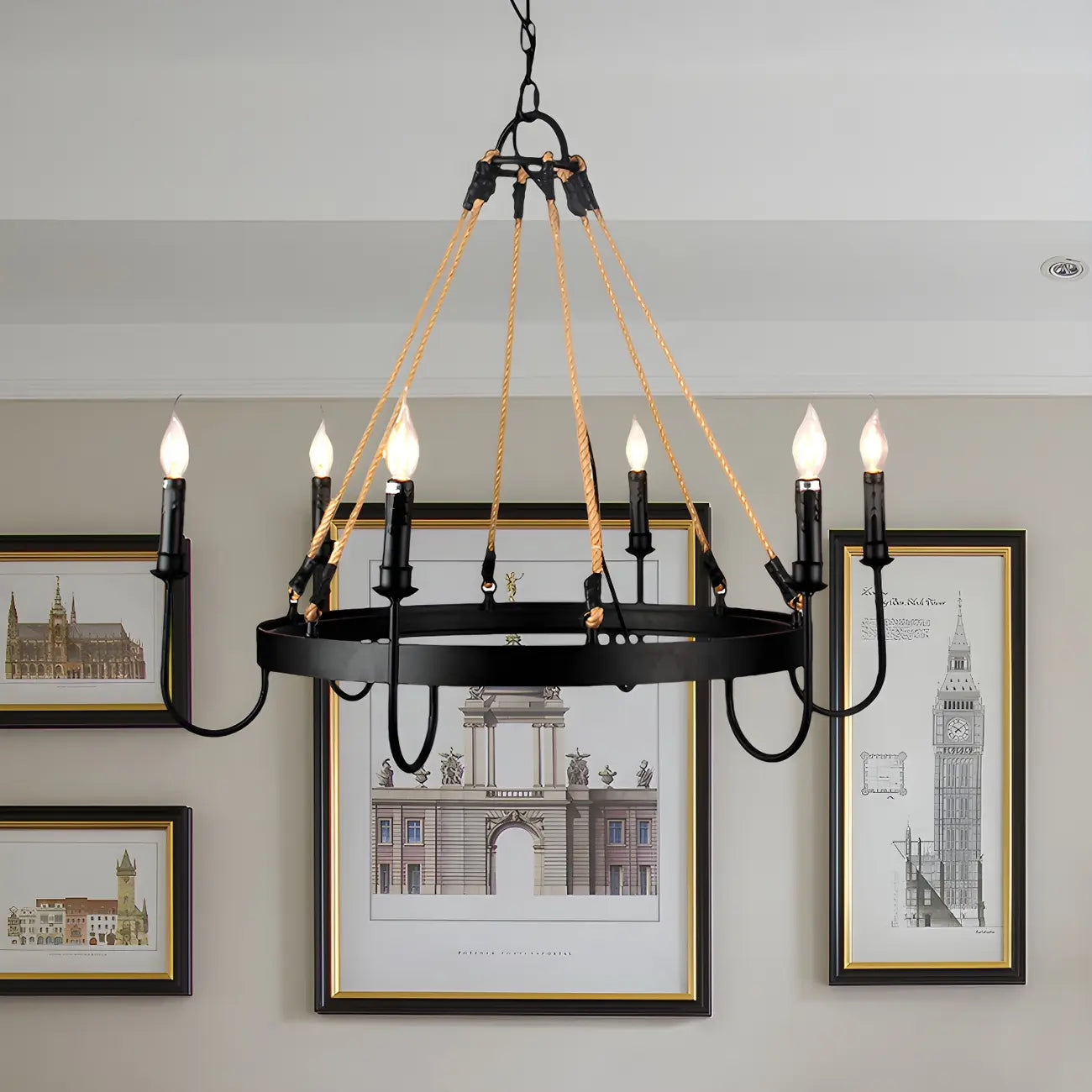 Lustre rond industriel en métal et corde de chanvre pour bougies