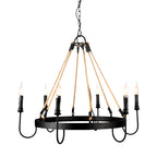Lustre rond industriel en métal et corde de chanvre pour bougies