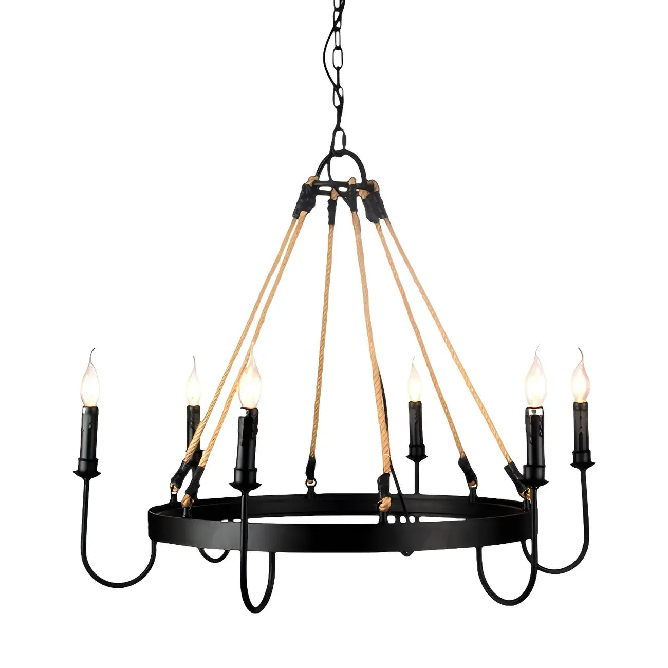 Lustre rond industriel en métal et corde de chanvre pour bougies
