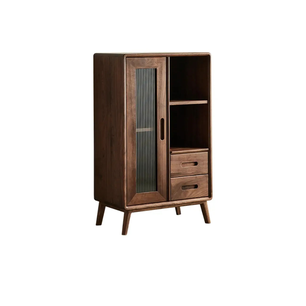 Élégante vitrine en bois avec tiroirs et porte vitrée
