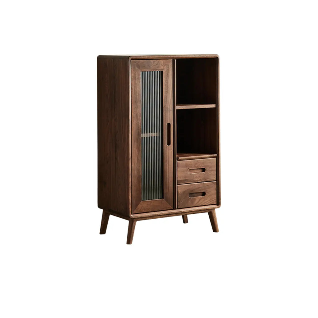 Élégante vitrine en bois avec tiroirs et porte vitrée