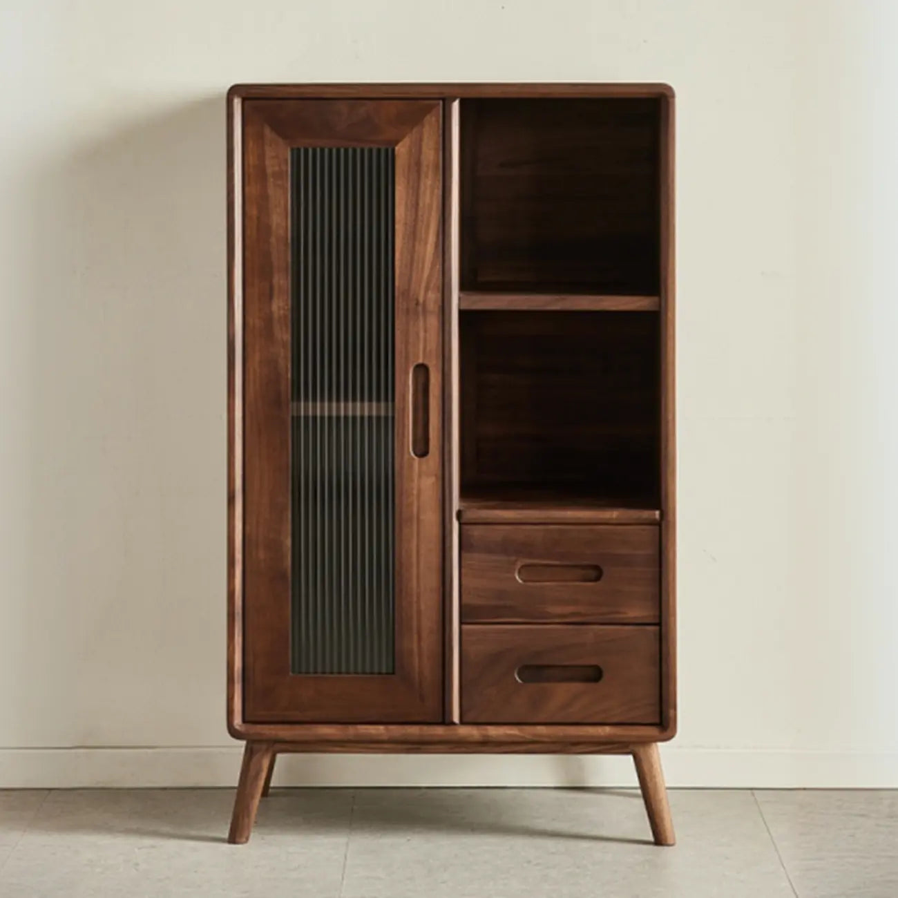 Élégante vitrine en bois avec tiroirs et porte vitrée