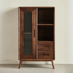 Élégante vitrine en bois avec tiroirs et porte vitrée