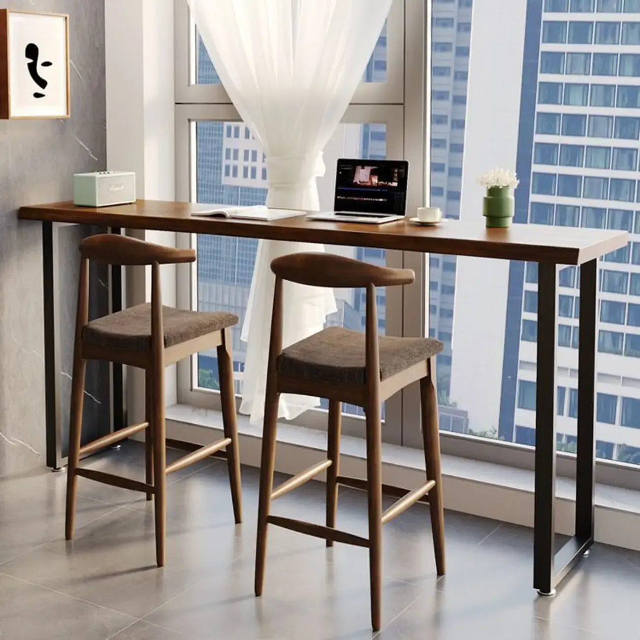 Table de bar rectangulaire moderne avec plateau en bois brun et piètement en métal