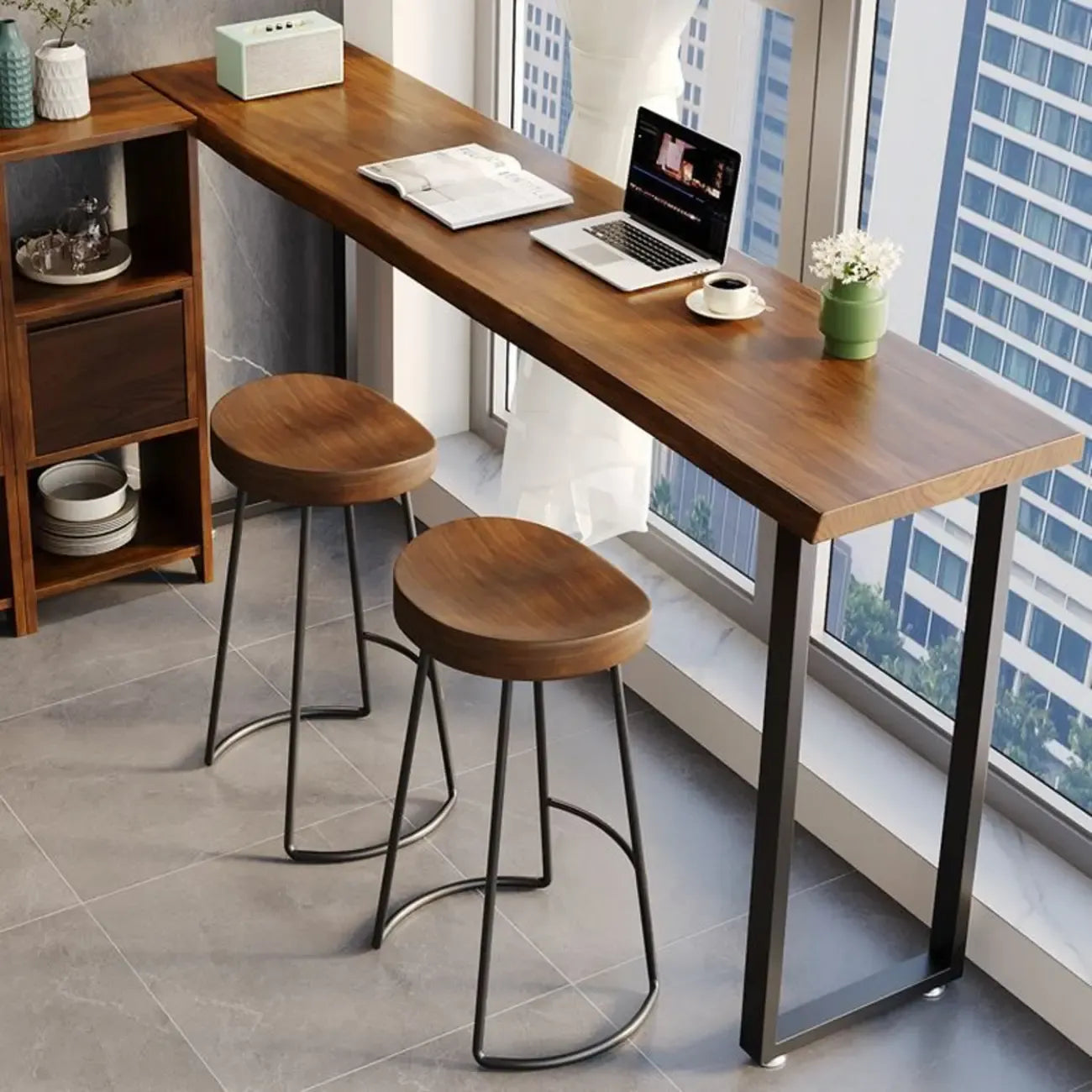Table de bar rectangulaire moderne avec plateau en bois brun et piètement en métal